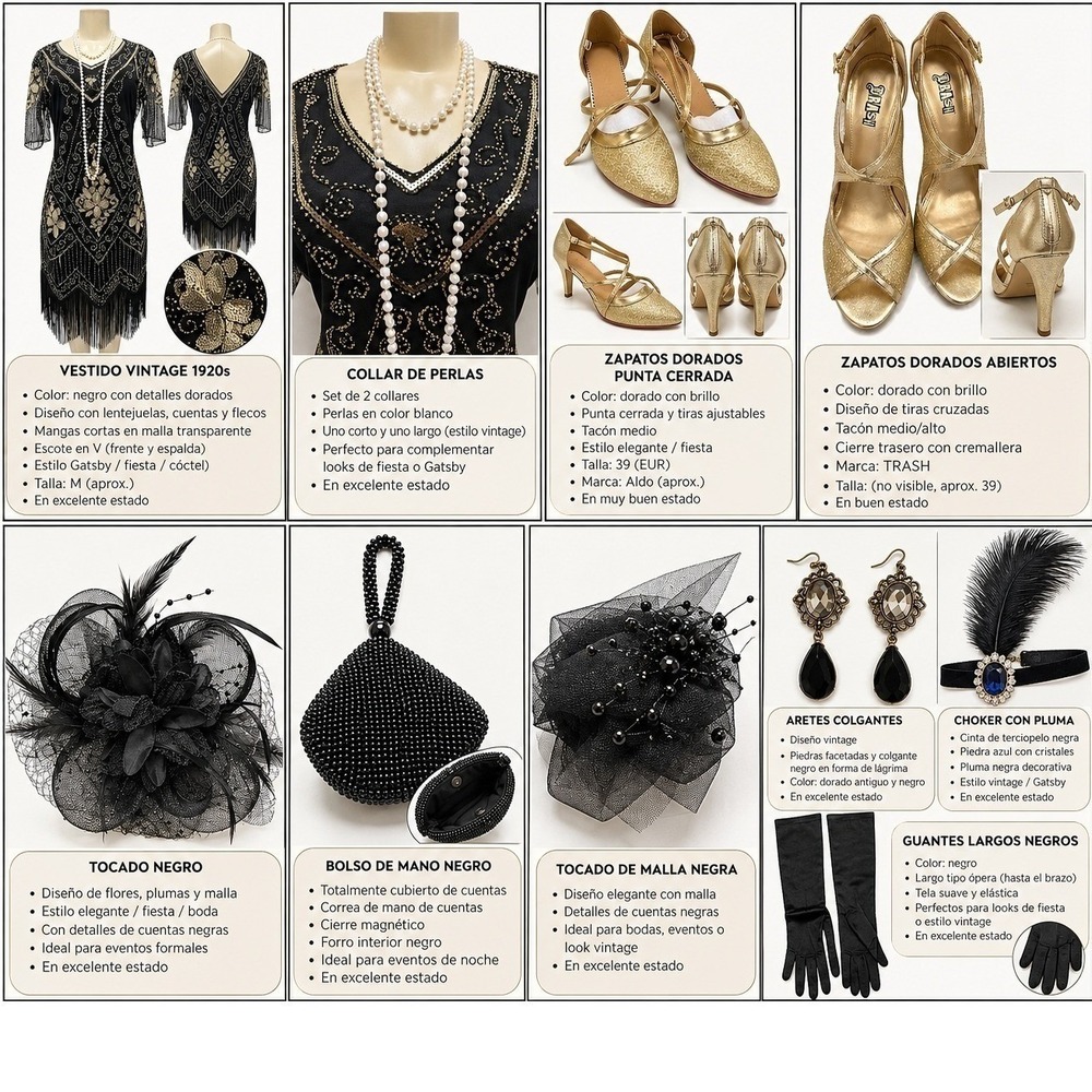 Vintage 1920s Flapper Dress Set Black Gold Sequin Gatsby Costume Accessories M